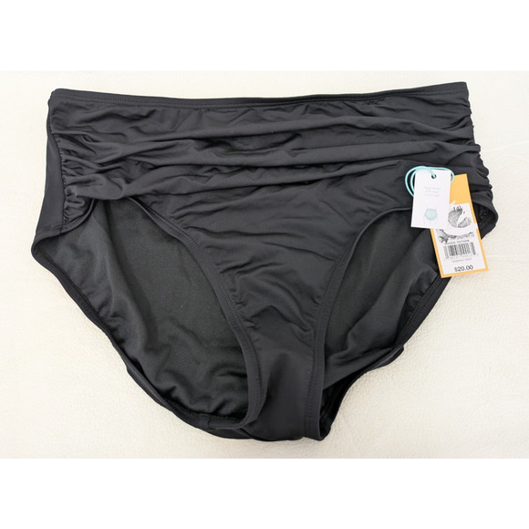 Women's Shirred High Waist Full Coverage Bikini Bottom Black Size Large 12-14 - Picture 4 of 5